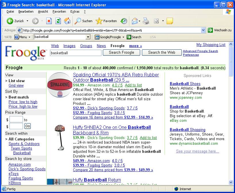 Froogle search results (2003)
